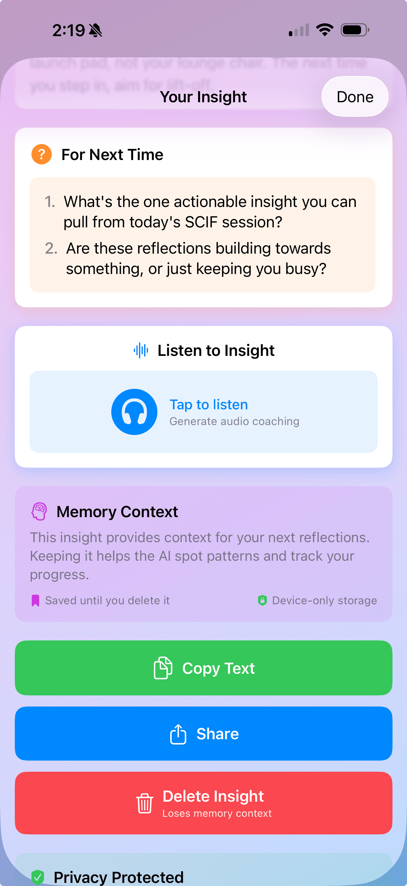 Scifle advice files list showing past reflection sessions and saved insights