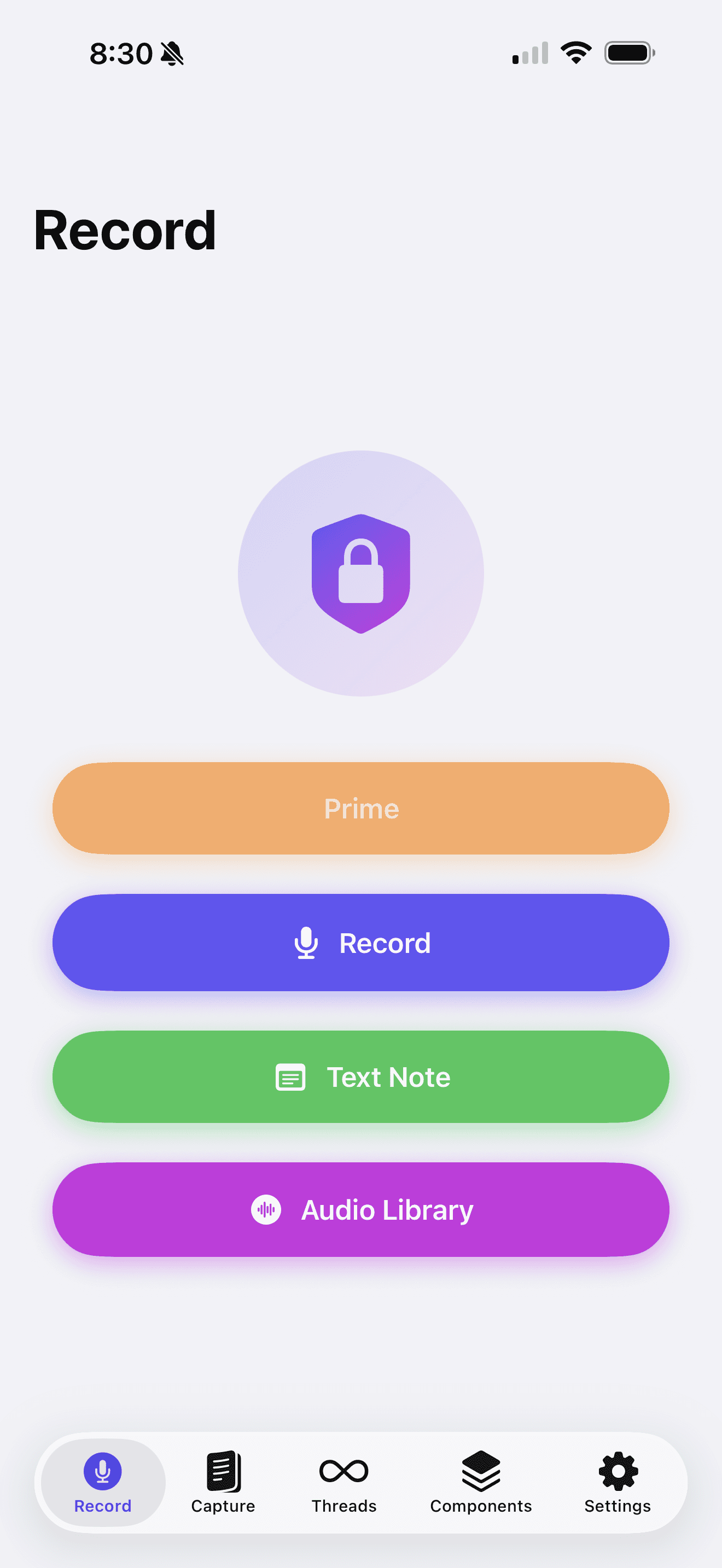 Scifle Record tab with privacy shield and capture controls